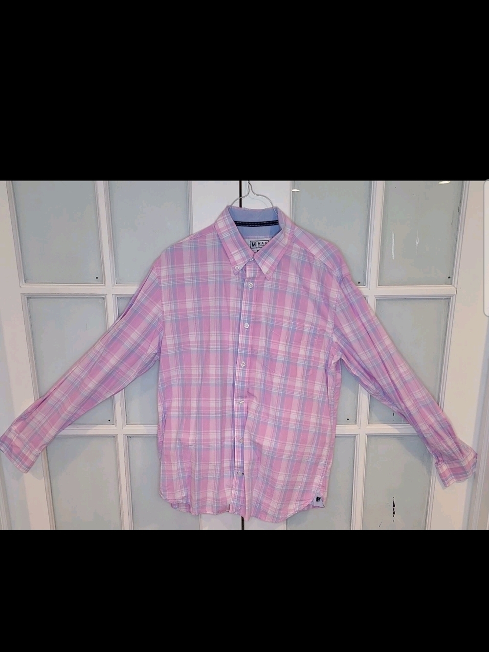 Man Outfitters Marshall Plaid Pink/White/Blue Classic Button Down Shirt Size MED